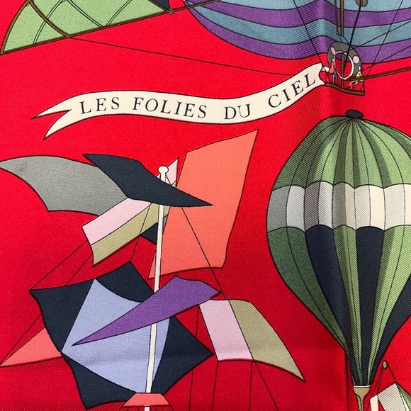 HERMES RED LES FOLIES DU CIEL PRINT SQUARE SILK TWILL SCARF - Picture 7 of 10